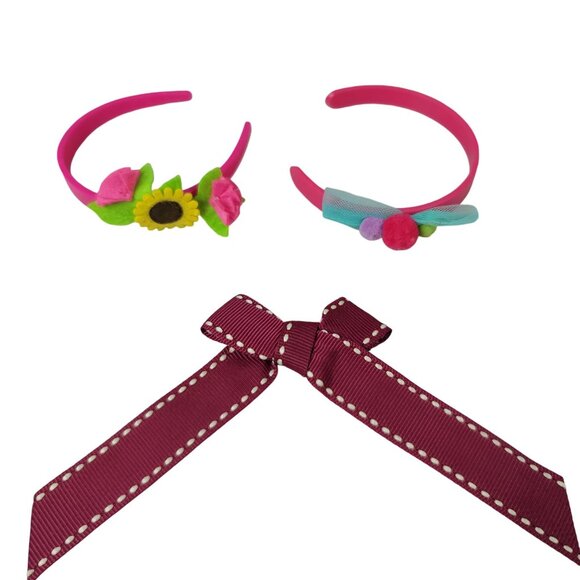 18" Dolls Hair Accessories Red Ribbon Comb Pink Floral Headbands 3 PCS AG OG - Picture 1 of 6